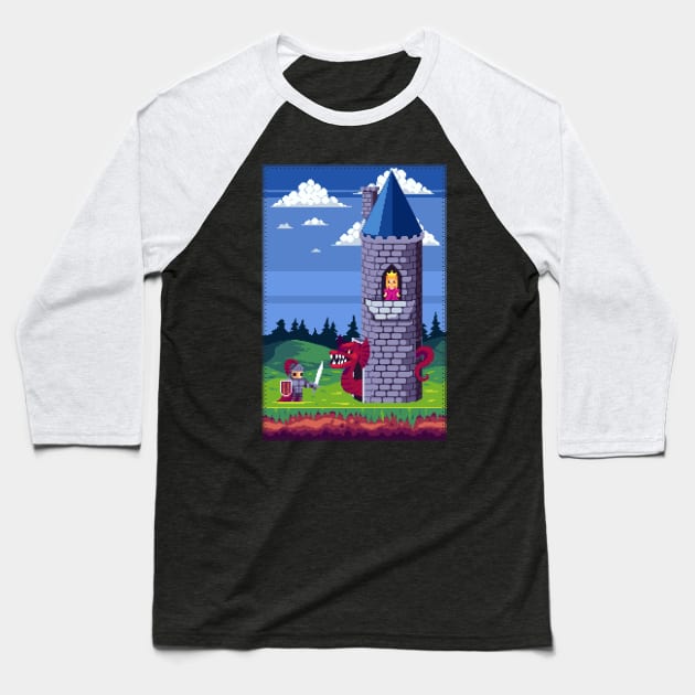 Pixels and Peril: The Knight's Quest to Rescue the Captive Princess from the Fiery Dragon's Lair Baseball T-Shirt by Holymayo Tee